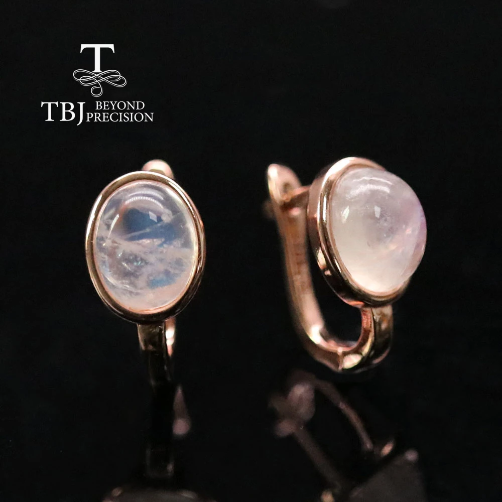 Natural blue moonstone oval 7*9mm earrings, white and rose 925 sterling silver simple ladies daily wear jewelry