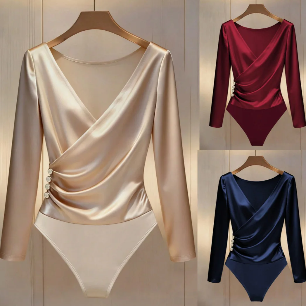 Macacão Feminino Elegante de Cetim com Decote V e Manga Longa em Cor Pura com Detalhes em Cetim - Moda Feminina