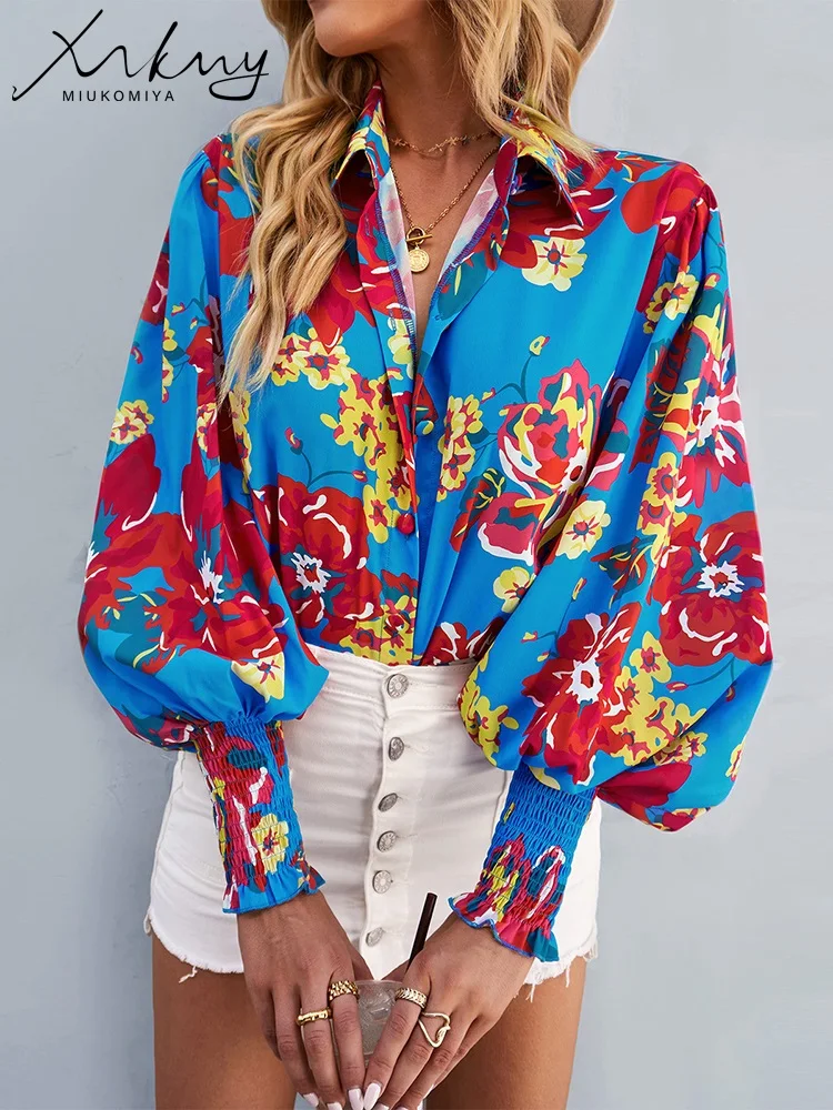 MiuKoMiYa Women Floral Print Lantern Sleeve Shirts Long Sleeve Tops Summer Oversized Apricot Blouse For Women Office 2023