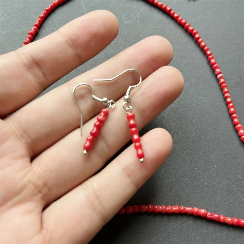 3*6MM Bamboo Bone Red Coral Natural Stone Jewelry Set Bead Necklace Earrings Bracelet Chain Choker Trendy Simple Design Party