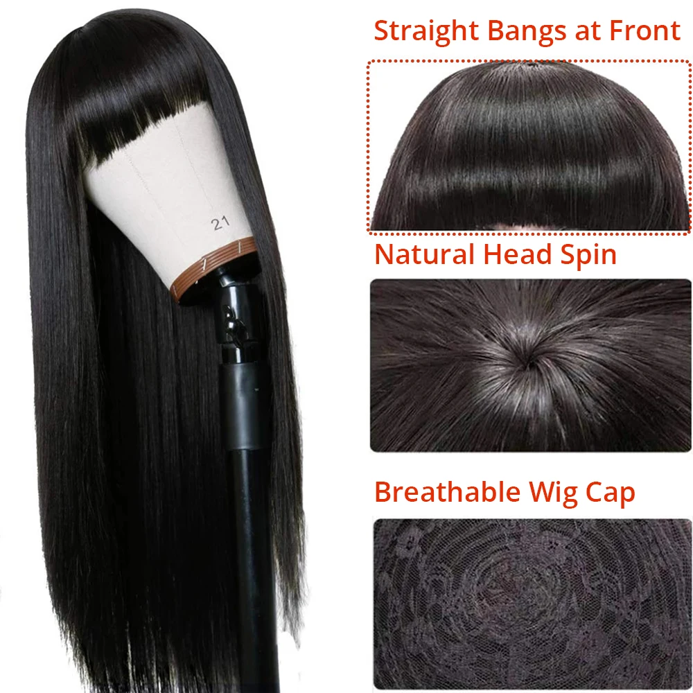 30 Inch Long Bone Straight Human Hair Wig With Bangs Short Bob Human Hair Wigs For Black Women Glueless Brazilian Fringe Wig