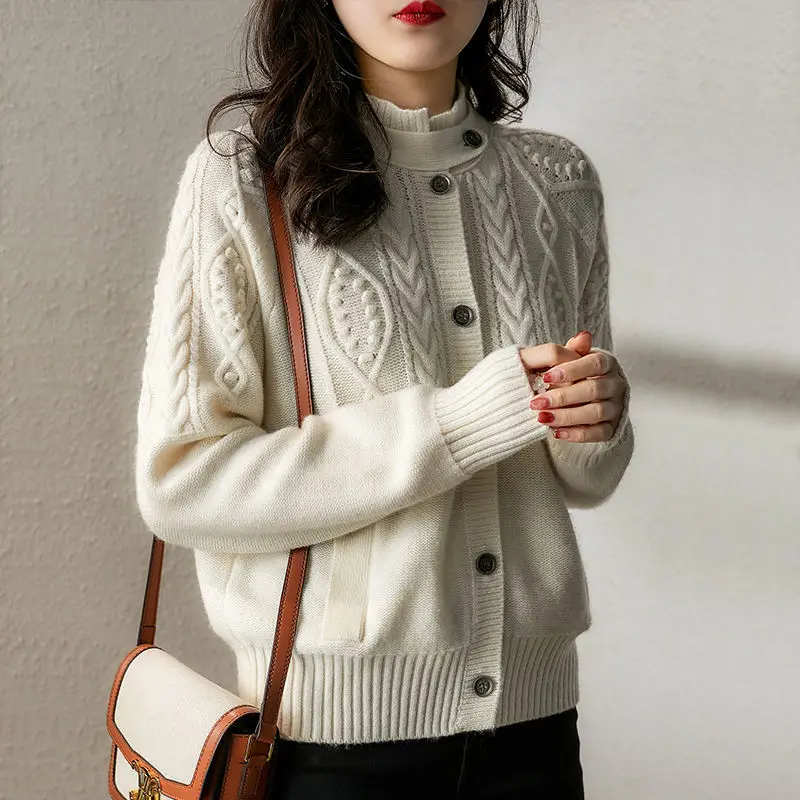 2023 Autumn and Winter New Half High Collar Long Sleeve Heavy Duty Knitted Cardigan Short Sweet Office Lady Comfortable Outwear