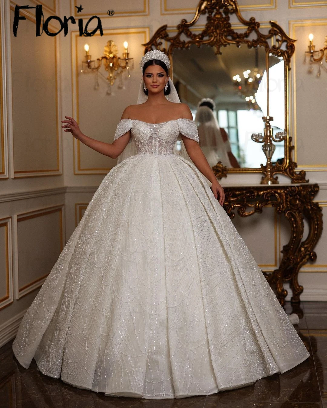 Abito da sposa bianco/avorio con spalle scoperte abito da ballo Dubai abito da sposa arabo completo di perline scintillanti abiti da sposa principessa 2024 donne