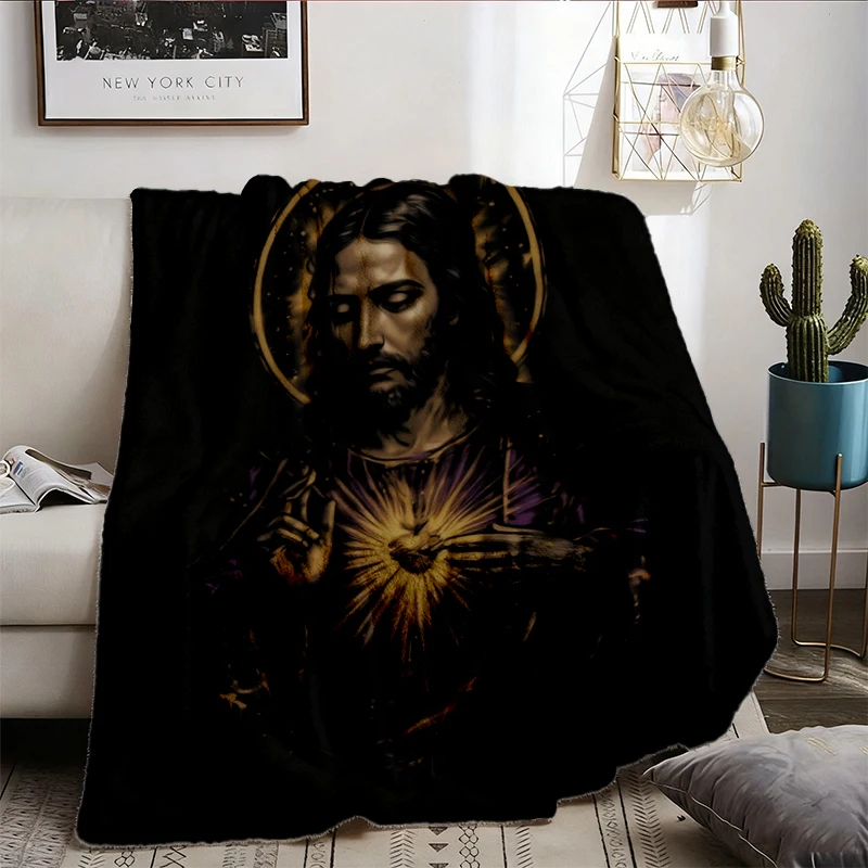 Sacred Heart of Jesus Purple Gold Comfort Flannel Blanket, Mystical Catholic Sacred Art Flannel Throw