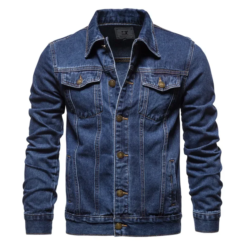 

Premium 2026 Autumn Men's Solid Denim Jacket Vintage Motorcycle Style Slim Fit Cotton Casual Jeans Coat Black Blue