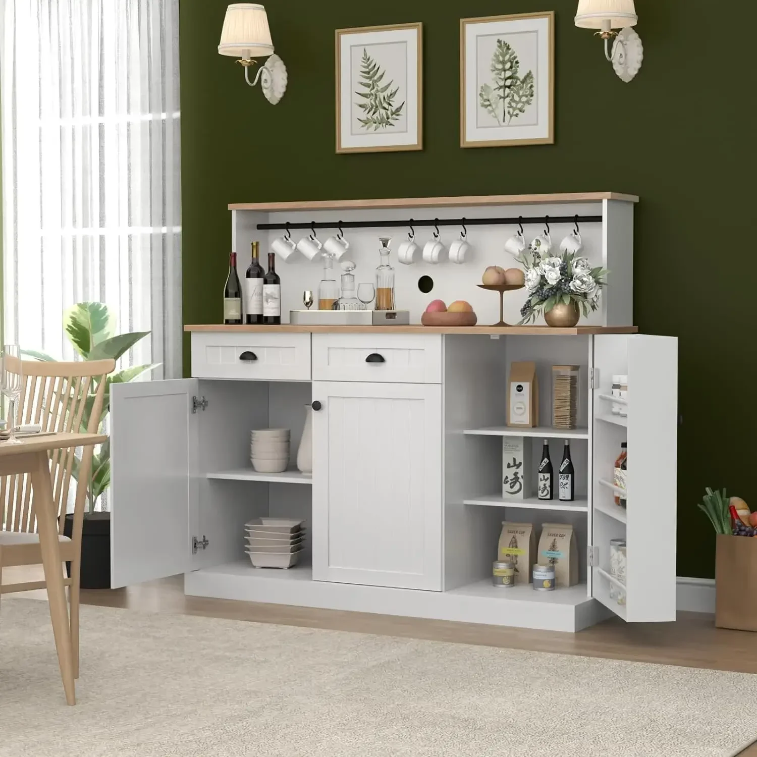 Sideboard Buffet Cabinet with 2 Drawers, Farmhouse Kitchen Pantry Cabinet with Adjustable Shelves, Coffee Bar Cupboard Cabinet