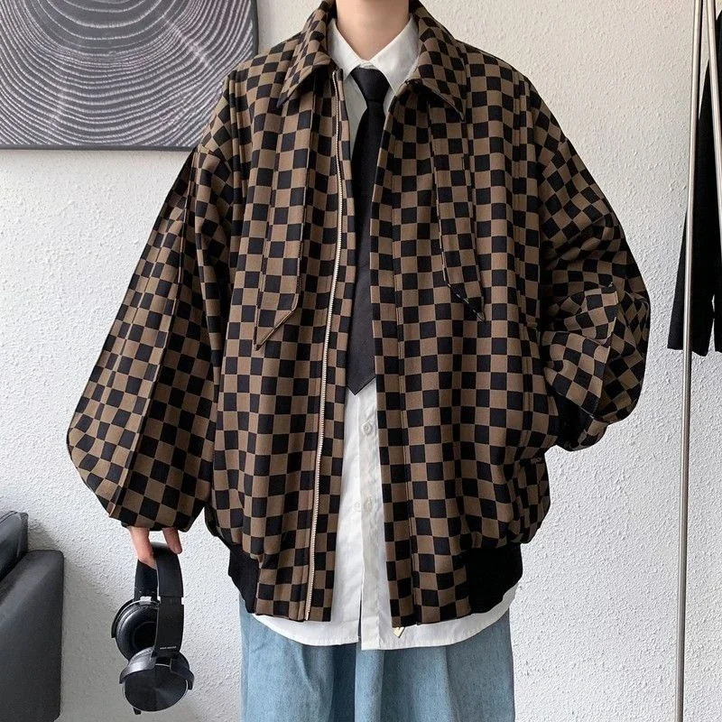 

Chessboard Print Baseball Jacket Men's Autumn Jacket with Zipper Detail Hip Hop Streetwear for College Students