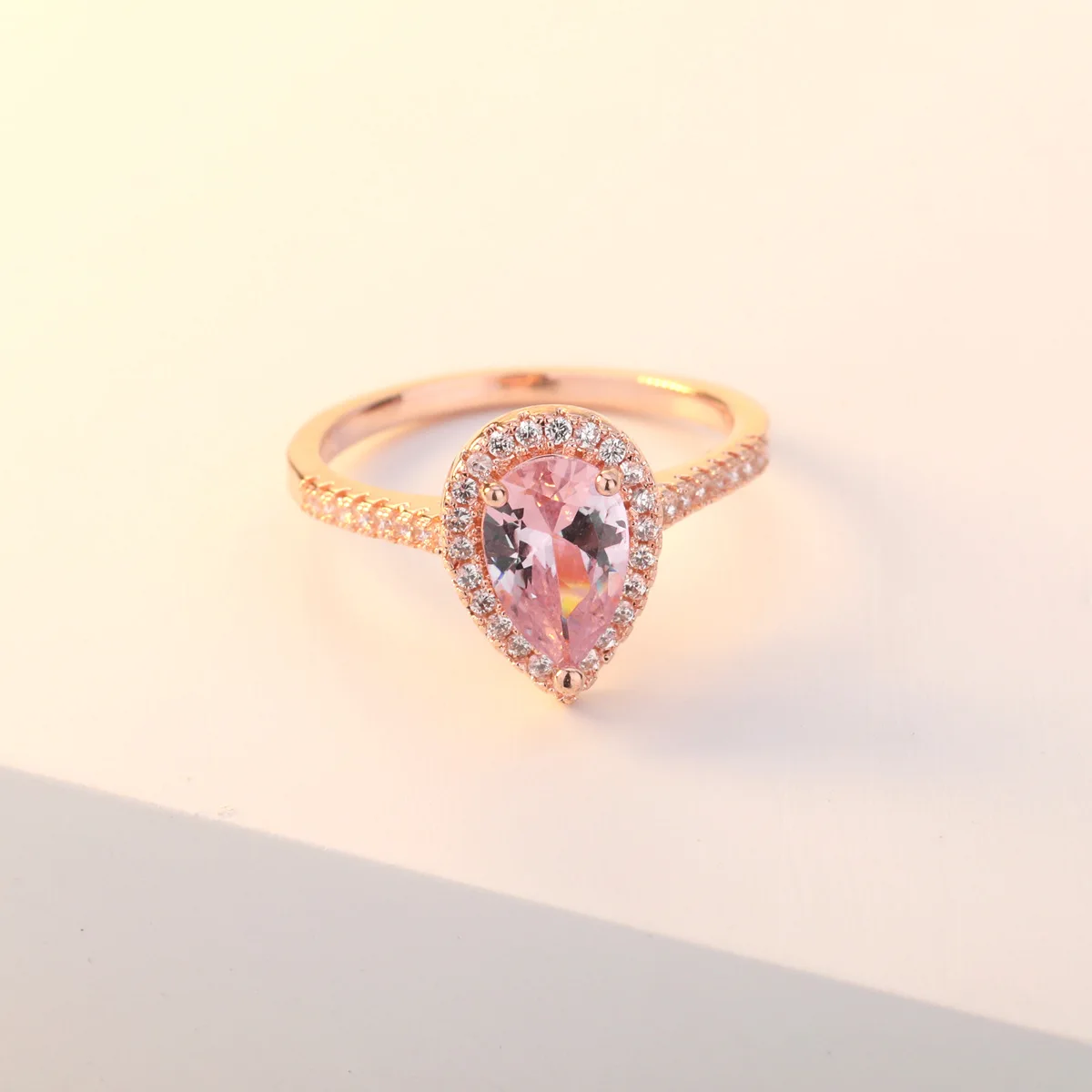 Women S925 Sterling Silver Ring Full Diamond Rose Gold Inlaid With Zircon Pink Crystal Teardrop Pear Shape Delicate Gift For Her
