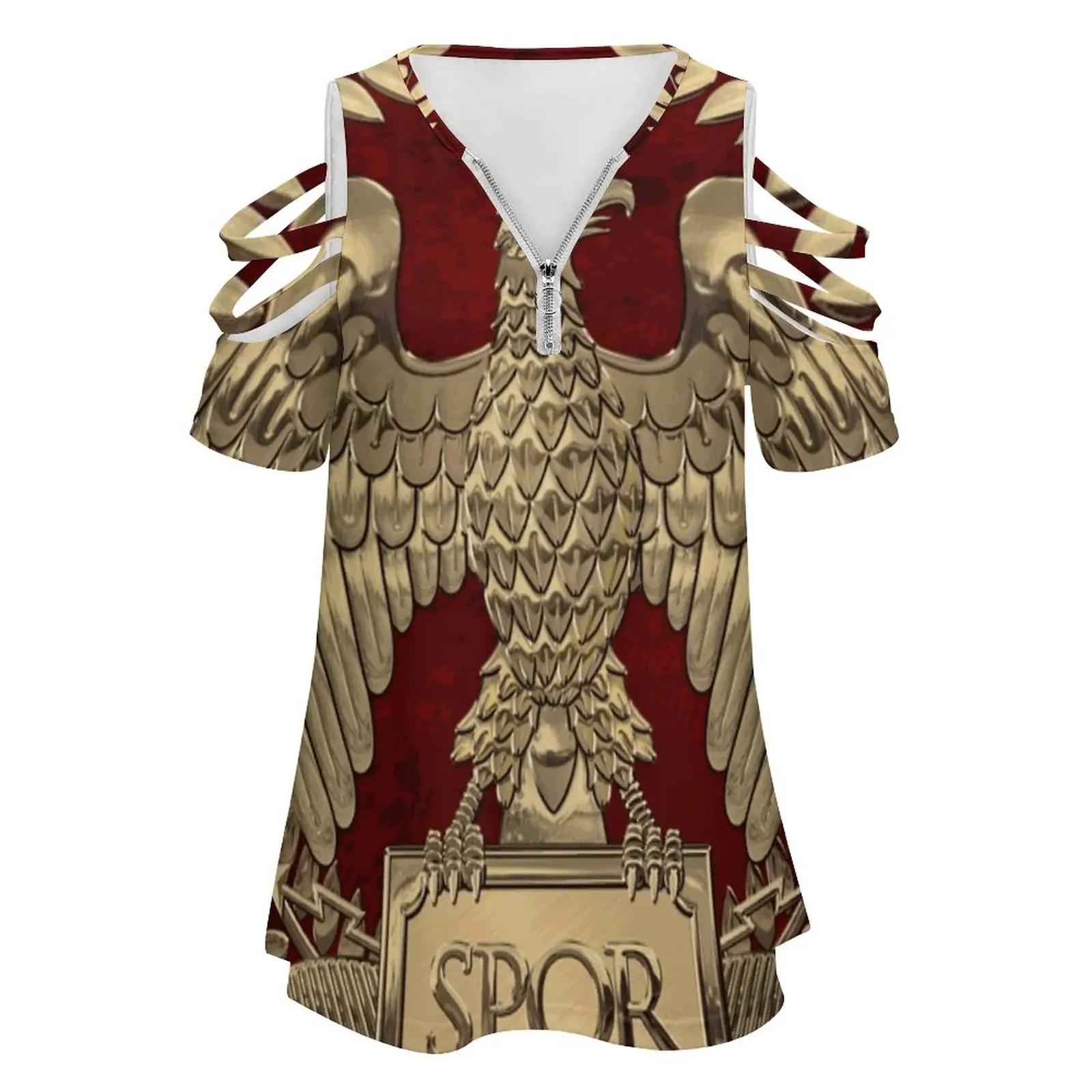 Roman Empire-Gold Imperial Eagle Over Red Velvet New Fashion Zip Off Shoulder Top Short-Sleeve Women Shirt Treasures Of Rome