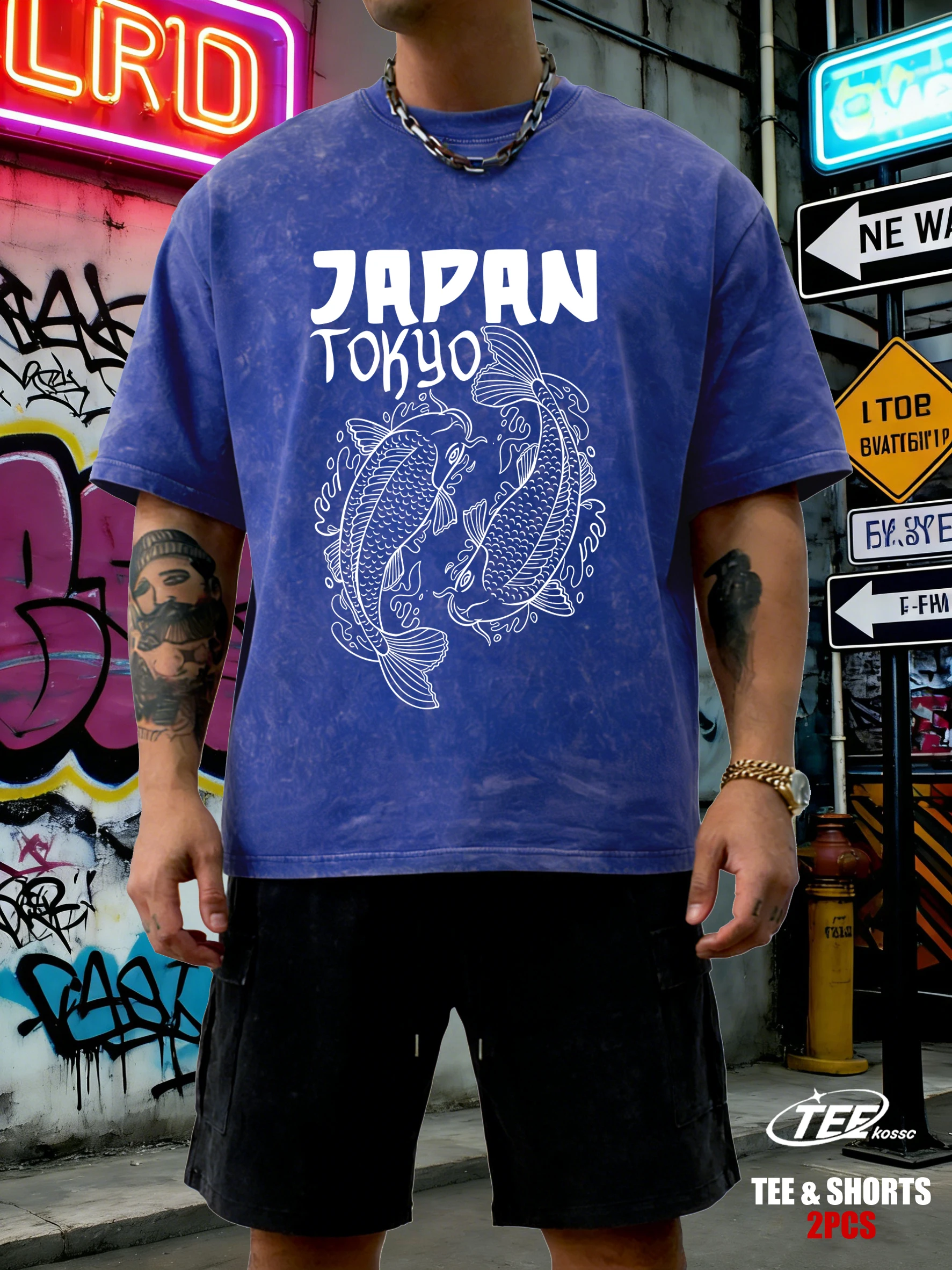 Camiseta Retro con Estampado de Koi de Harajuku, Tokio, Japón, para Hombre, de Algodón Transpirable, Conjunto de Pantalones Cortos, Ropa Suave con Efecto Lavado, Unisex, Top de Color