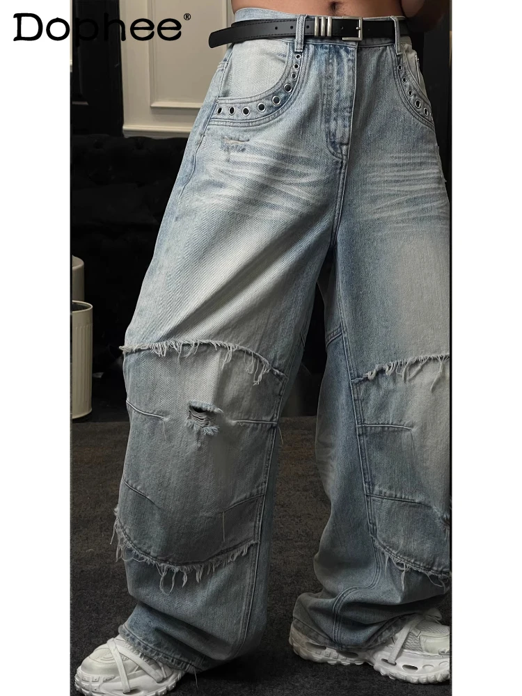 

Male 2026 Spring New Fashion Hole Design Stylish Denim Pants Handsome Chic Loose Comfort Jeans High Street Trendy Denim Trousers
