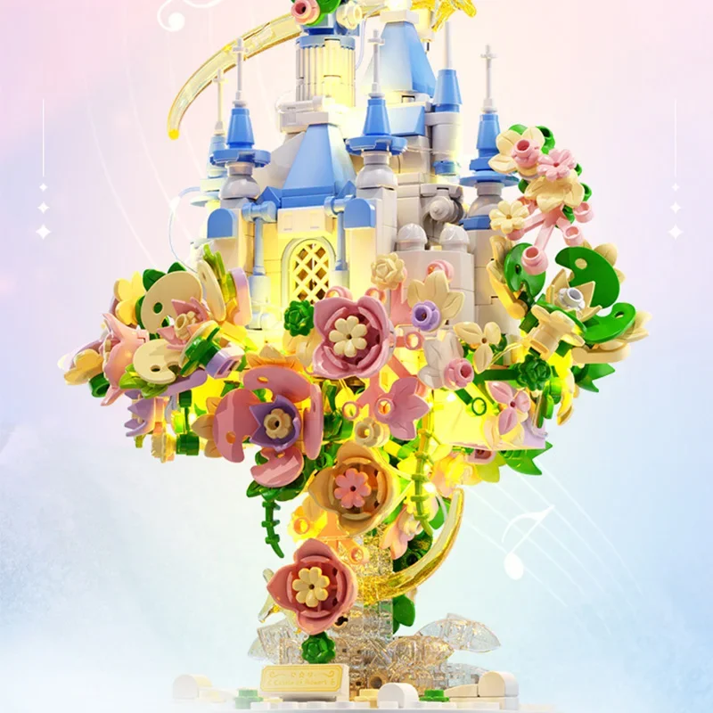 Creative LED Flower Castle Hanging Garden Music Box With Lights Building Blocks MOC Bricks Decoration Toys Valentine Gifts