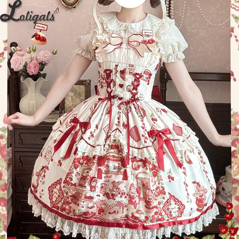 

Милое платье Лолиты с цветочным принтом, повседневное вечернее платье без рукавов ~ Клубничный медведь