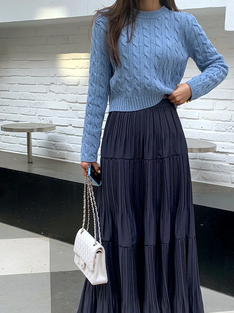 Primavera 2024 Donna Gentle Ele Vita alta A-Line Gonna lunga Pieghettato Design asimmetrico Fulln Coreano Sle Pendolarismo