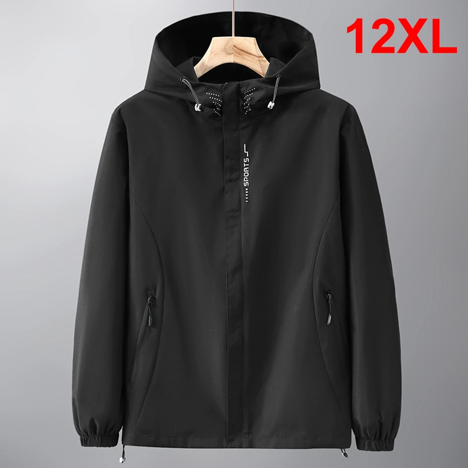 Black Windbreak Cargo Jacket Men Hooded Coat Plus Size 12XL Fashion Casual Solid Color Jackets Big Size 12XL Coats Male