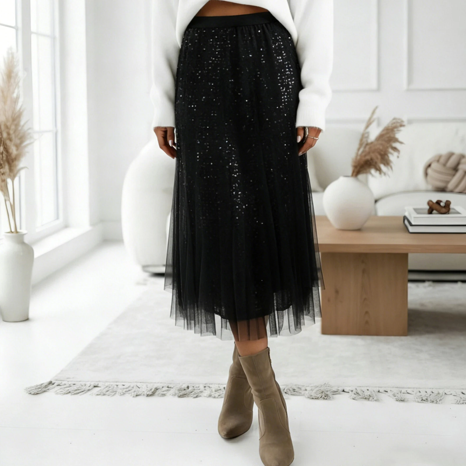 

Весенняя женская юбка миди из сетки с пайетками 2026 года, модная, с высокой эластичной талией, блестящая, из фатина, для повседневной носки, офиса, вечеринок и клубов