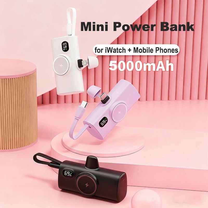 

Mini Power Bank 5000mAh with USB C Cable for iPhone 16 15 Samsung Xiaomi Magnetic Wireless Charger for iWatch Apple Watch 10 9 8