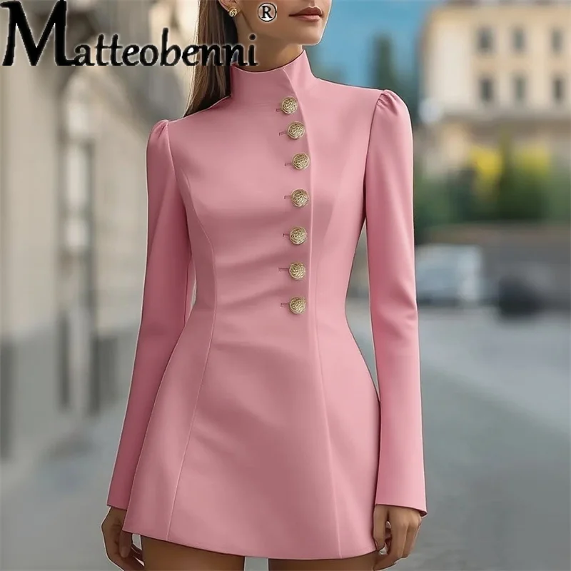 Blazer solidi da pendolare alla moda da donna Abito da ufficio monopetto in vita Abito da festa Elegante mini abito a maniche lunghe con colletto alla coreana
