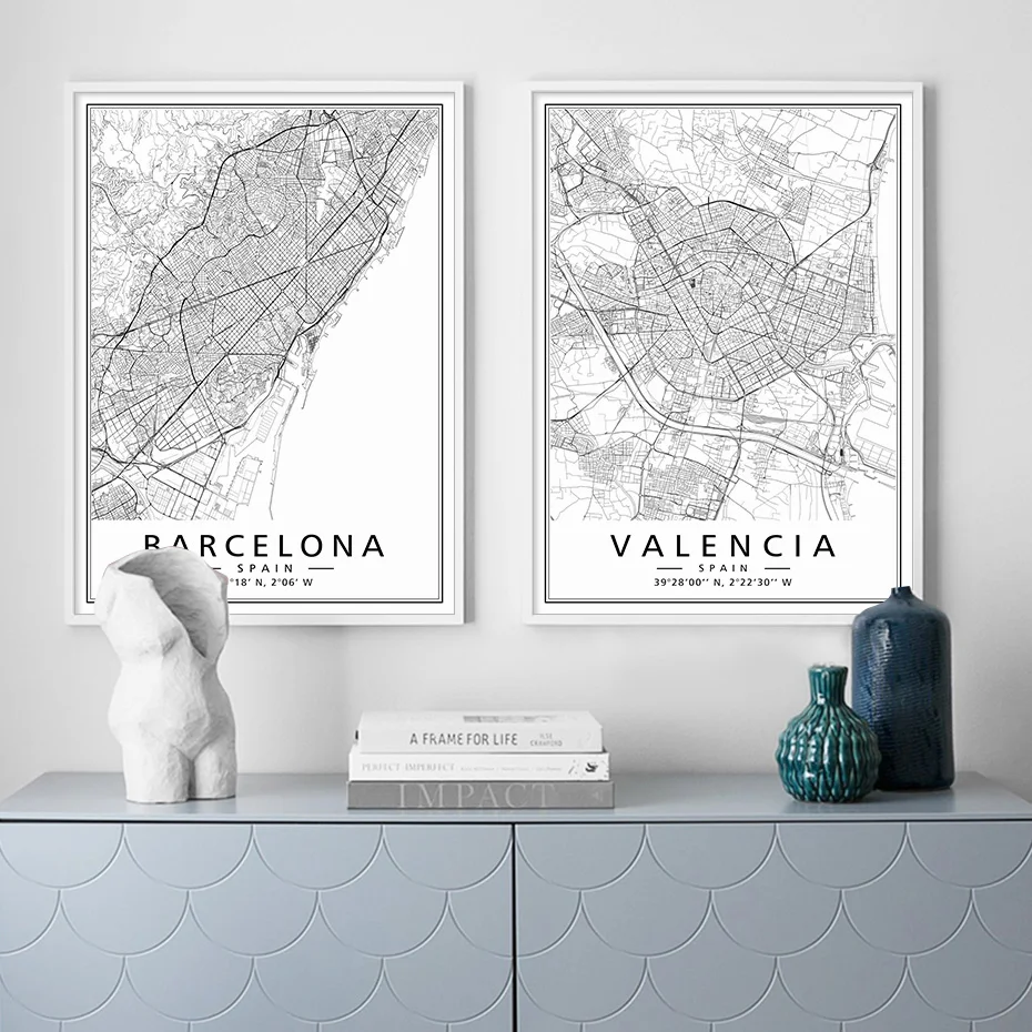 Minimalista negro blanco España Ciudades mapas MARIDA BARCELONA carteles modernos impresiones arte de la pared lienzo pintura sala de estar decoración del hogar