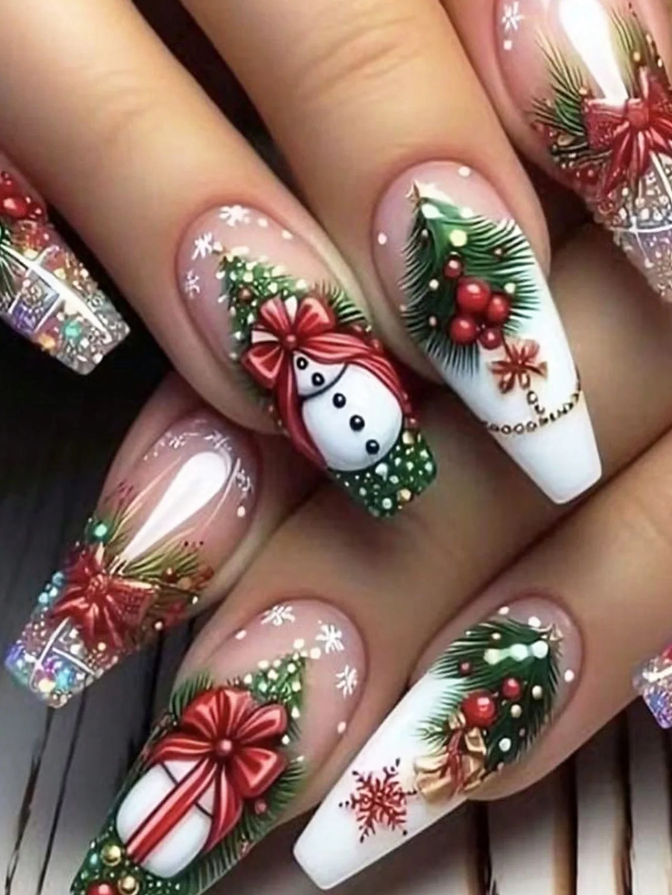 

NAIO 24 Pieces Christmas Nail Press-On Nails Y2k Nails Red French Manicure Medium Coffin Christmas Tree Christmas Snowman Snowfl