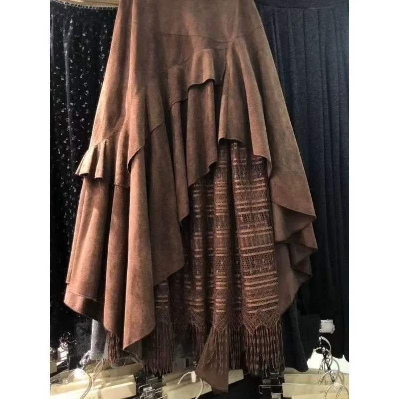 Retro Suede Lace Skirt Women's Vintage Irregular Ruffles A-line  Fashion Korean Style 2026 Solid Leisure Women Half Body Skirts