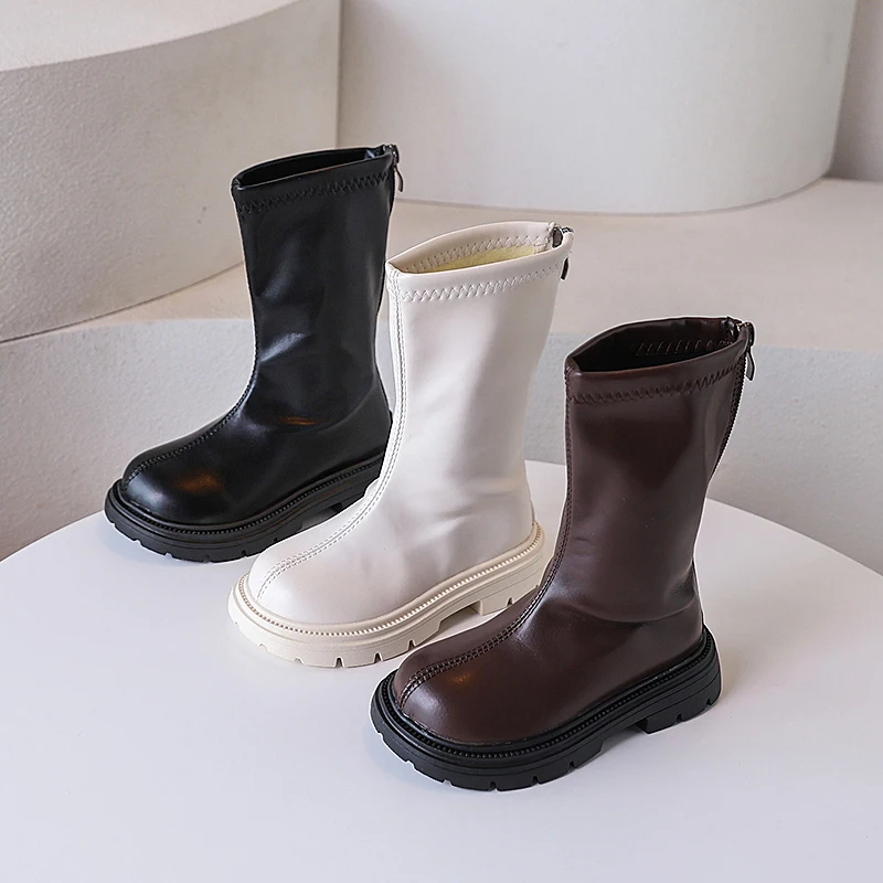Children's Mid-calf Boots Vintage Autumn Winter Girls Princess Fashion Boots Solid Color Non-slip Thick Soled Kids Leather Boots