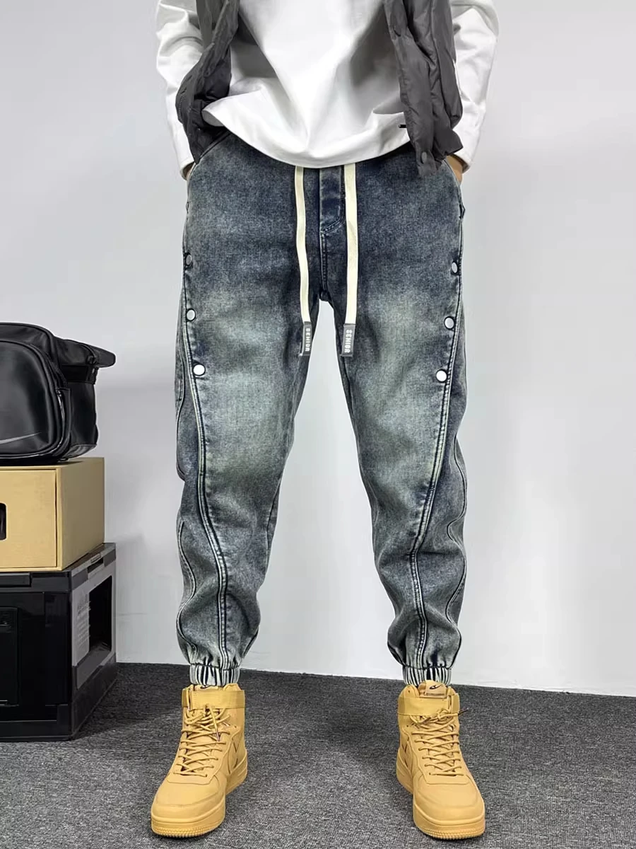 

Retro Waed Denim Jeans Men's Loose Cuffed Harlan Casual Pants Trendy Haome Button Decorated Polyester Fiber Autumn Winte...