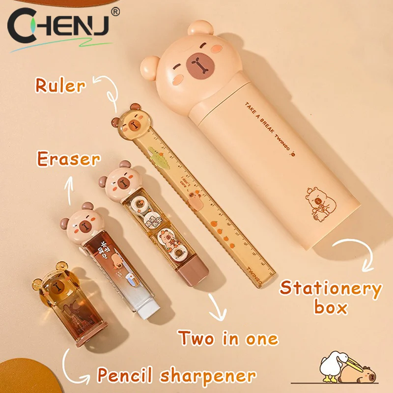 Set di assortimento di cancelleria per capibara da 5 pezzi, astuccio per matite, righello, gomma, nastro di correzione, set di temperamatite, regali per studenti