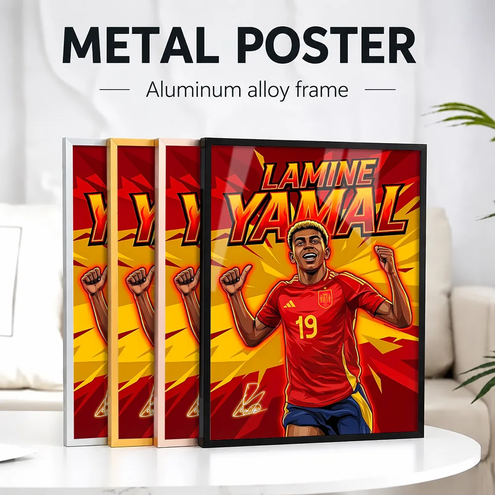 Lamine Yamal Spain Football Soccer Framed Aluminum Metal Poster Customized Photo Energetic Graphic Style Wall Art For Bedroom