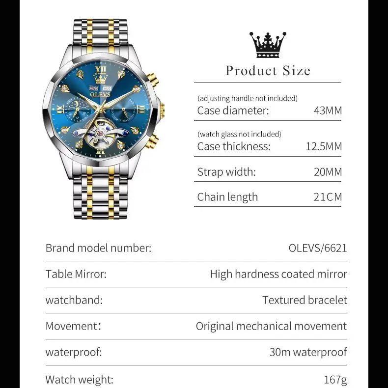 OLEVS Automatic Mechanical Mens Watch Business Wristwatch Waterproof Date Watches Moon Phase Watch for Men Luxury Brand Watch 66