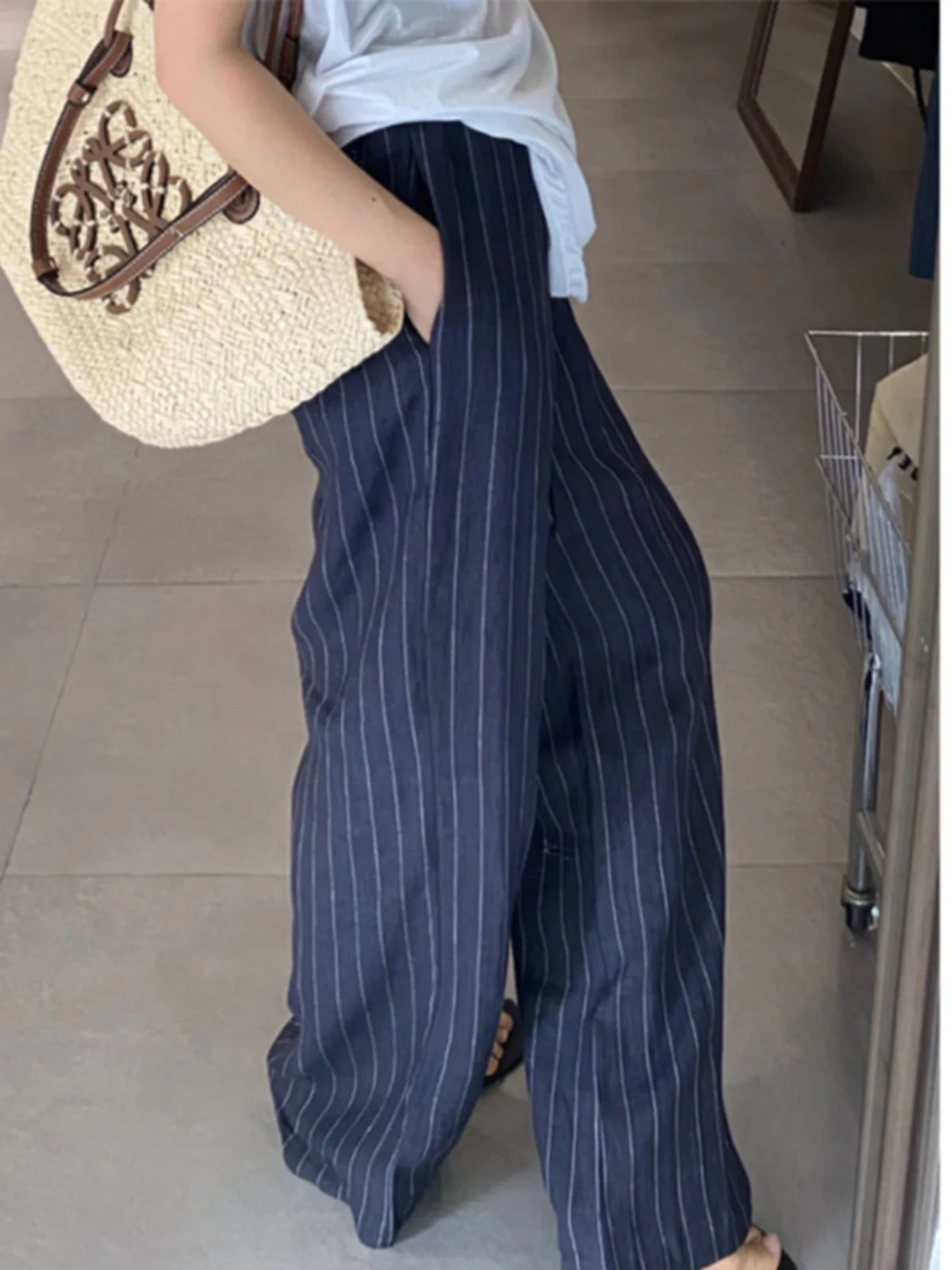 Hohe Taille Breite Bein Hosen frauen Casual Lose Sommer Vertikale Streifen Walking Hose Koreanische Sle Dünne Material Lange Hosen