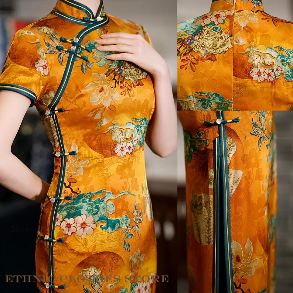 

Традиционное китайское женское Ципао, длинное стильное платье Cheongsam, женское шелковистое атласное платье с цветочным принтом, вечернее платье, Vestidos 3XL 4XL