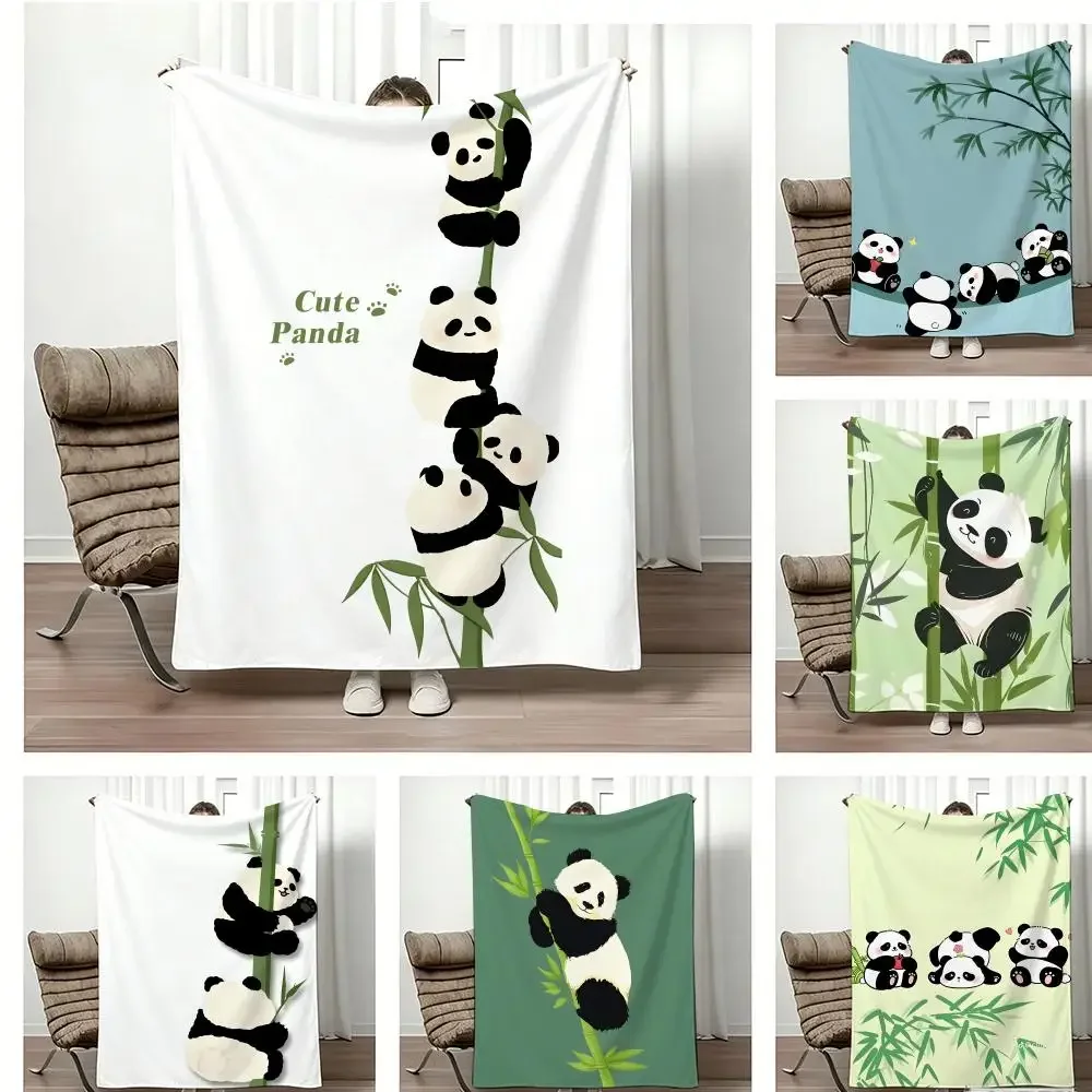 Cute Stacked Panda on Bamboo Graphic Throw Lightweight  Flannel Blanket Soft Skin-friendly for Summer Cooling