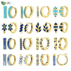 925 Sterling Silver Needle Blue Zircon Small Hoop Earrings for Women 2024 New Round Circle Huggie Earring Fashion Jewelry Gift