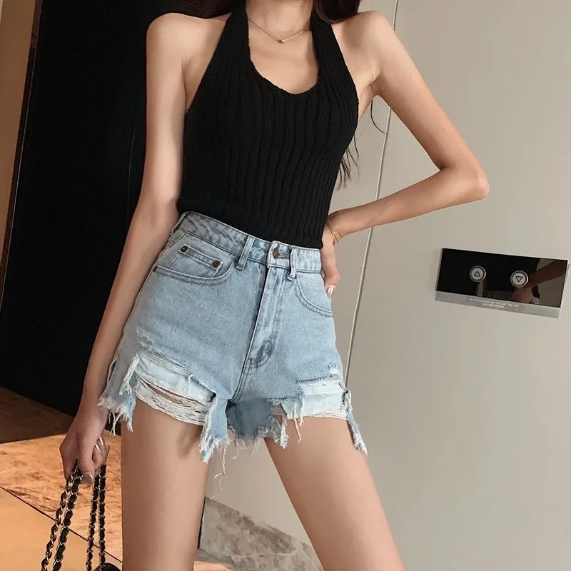 Verão feminino solto buraco remendado jeans shorts casual na moda lavado luz azul americano nova moda quente perna larga denim shorts