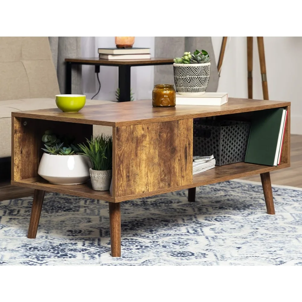 Wooden mid-century modern coffee table, living room décor furniture, interior, home décor with open storage shelves