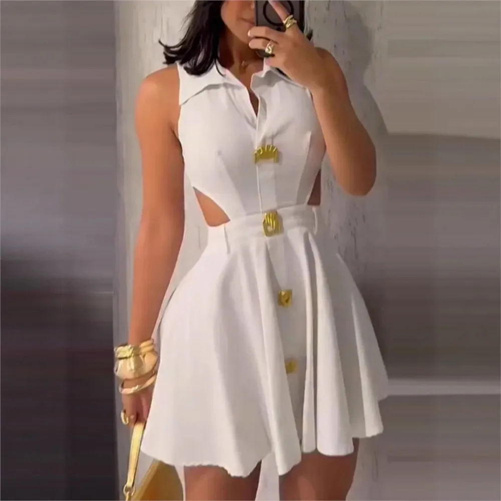 فستان نسائي قصير عصري 2025 صيفي بدون أكمام فستان قميص مجوف مع زر مزاجه تنورة قصيرة أنيقة
