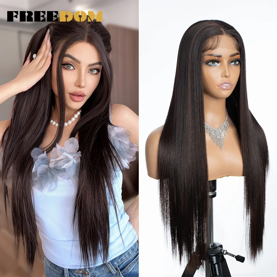 

FREEDOM 13x4 Synthetic Lace Front Wigs For Women 30 inch Long Straight Lace Front Wig Ombre Brown Blonde Highlight Cosplay Wigs