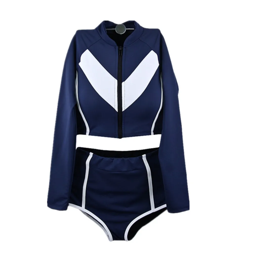 Traje de baño deportivo de dos piezas de manga larga, diseño adelgazante, traje de baño de Surf con cremallera, traje de baño de cintura alta de secado rápido, ropa de playa