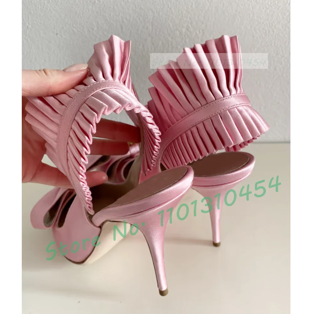 Bowknot Slingback Heels Sandals Women Sweet Pink Satin Ruffles High Heels Shoes Summer Girl\'s Amazing Runway Outdoor New Sandals