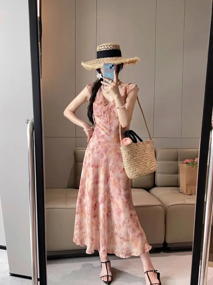 Summer Unique Pink Floral Print V-Ne Svel Long Dr Tea Break Holiday Sle High Waist A-Line Gown Commute Friendly