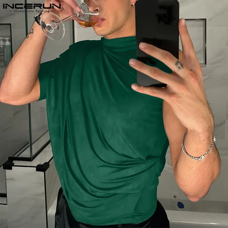 

INCERUN 2025 Men Irregular T Shirts Solid O-neck One Short Sleeve Pleated Men Clothing Streetwear Hollow Out Unisex Tee Tops