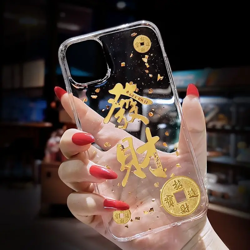 Lucky Cat Cartoon Transparent Gold Foil Phone Case for Samsung Galaxy S22 S21 A5 A51 Note10 S10 A50s A40s S20 Ultra Back Cover