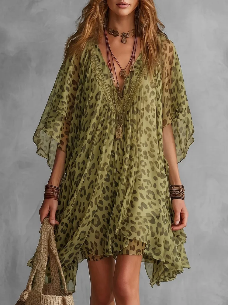 

Yeezzi Women Leopard Printed Chiffon Dress V-Neck Lace Trim Batwing Sleeves Loose See-Through Bohemian Vacation Mini Dresses