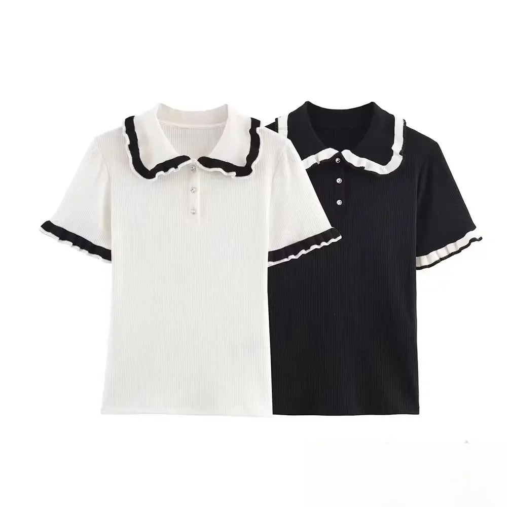 

KONDALA женский базовый шикарный тонкий свитер на пуговицах с лацканами и короткими рукавами, топ 2025, новая мода, весна-осень, уличный свитер