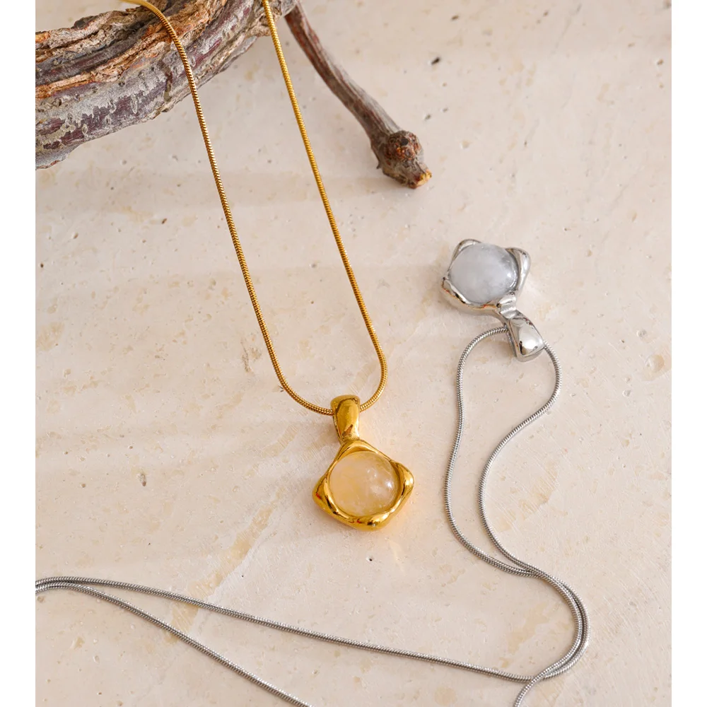 Yhpup Stainless Steel Natural White Quartz Stone Pendant Necklace for Women Rust Proof Metal High Quality Trendy Jewelry