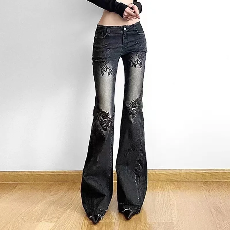 2026 New Streetwear Y2K Plant Print Jeans American Retro High Street Denim Autumn Border Distressed Low Waist Micro Flared Pants