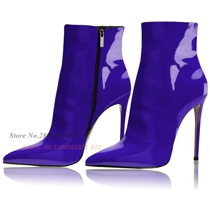 

Purple Patent Leather Closed Pointed Toe Side-Zip Thin Heeled Booties Women Short Boots Slip On Party Shoes