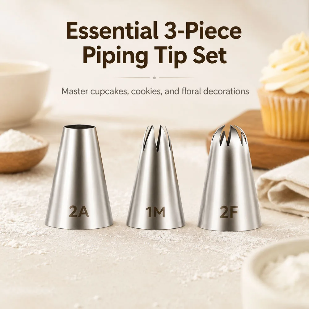 3Pcs Stainless Steel Piping Tips Set 1M 2F 2A Star Petal Round Icing Nozzles Cake Decorating Baking Tools For Beginners Home