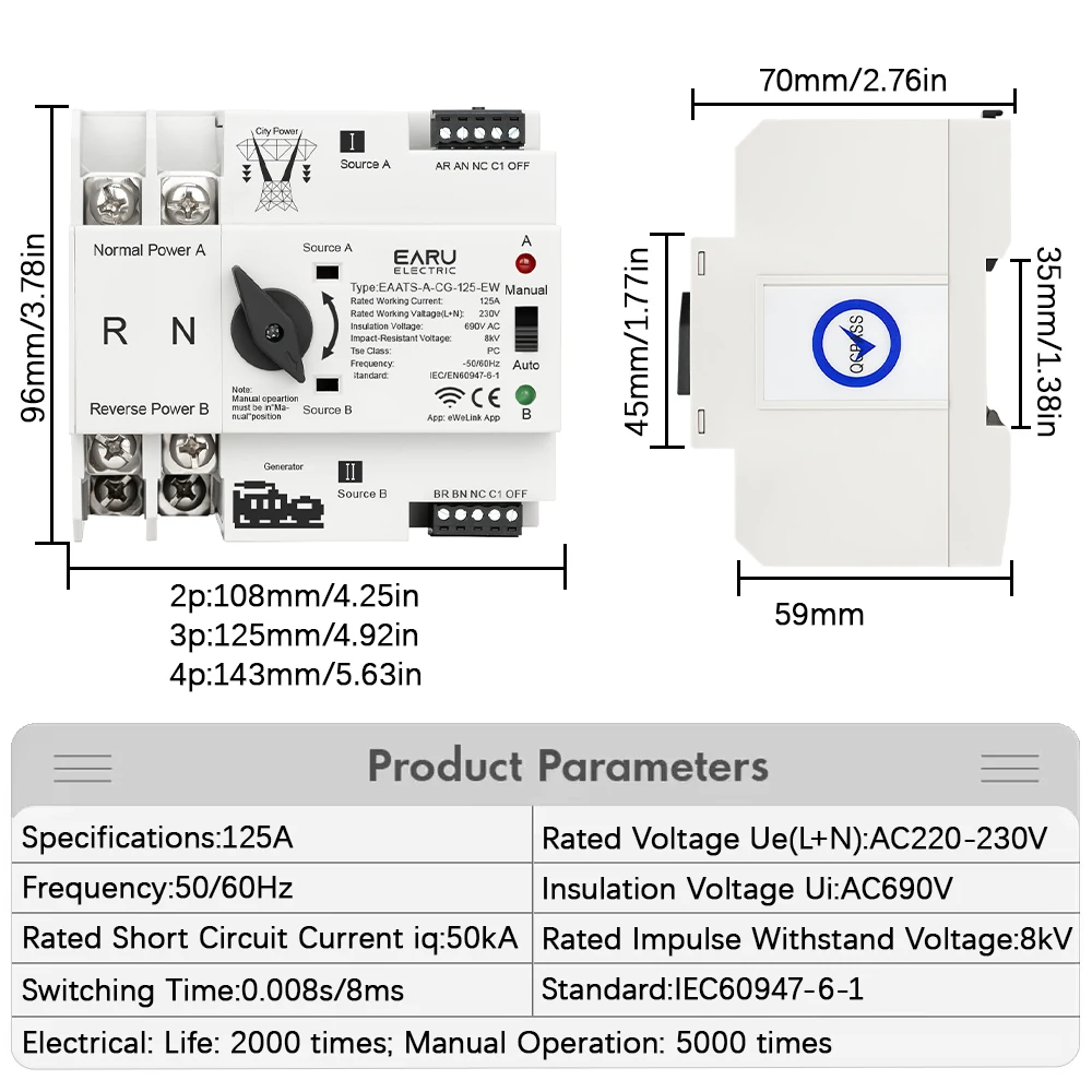 eWeLink WiFi Smart Remote Control 2/3/4P 125A AC 230V ATS Dual Power Automatic Transfer Electrical Selector Switch Uninterrupted